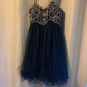 Navy Blue Rhinestone Strapless Mini Dress